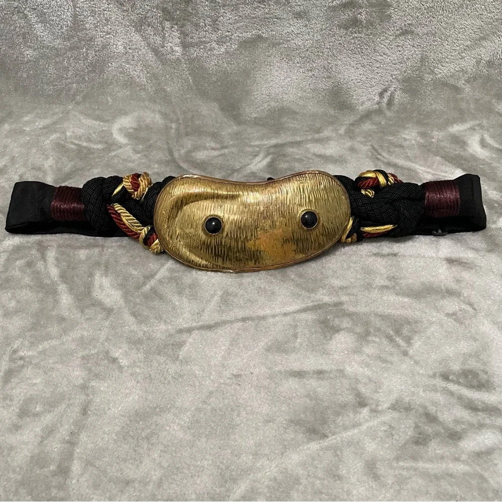Vintage Carolyn Tanner Braided Black Belt Gold Metal Accent Statement Waist Belt